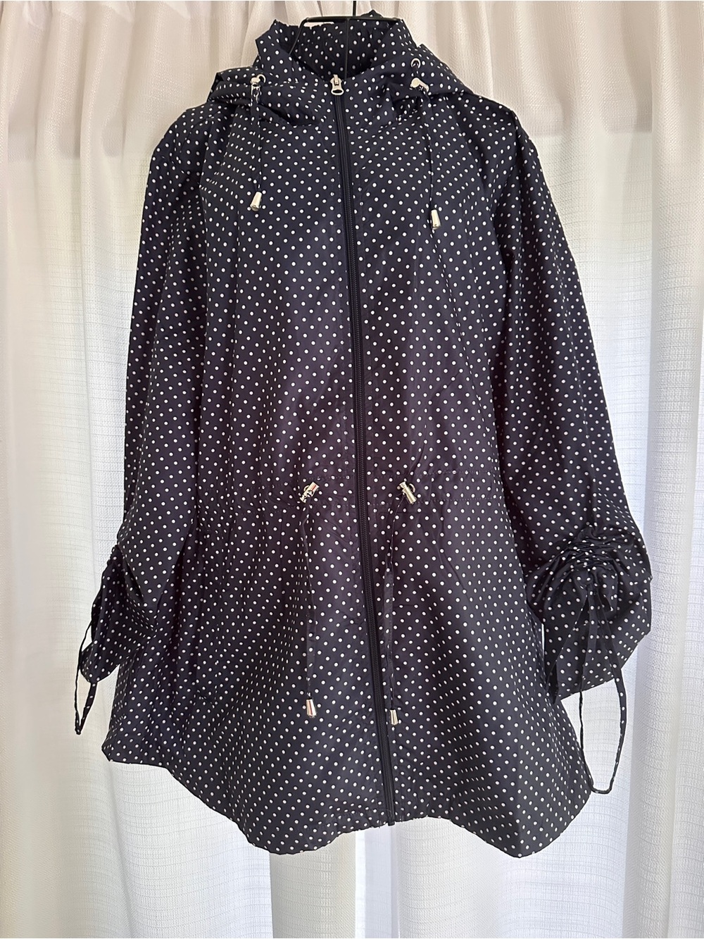 Jones New York Navy with White Polka Dot Hooded Raincoat - Picture 2 of 10